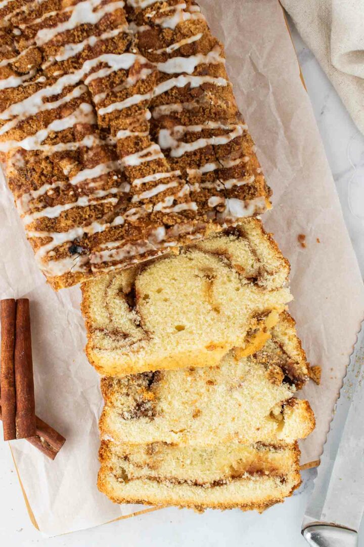 sliced pound cake on a white surface